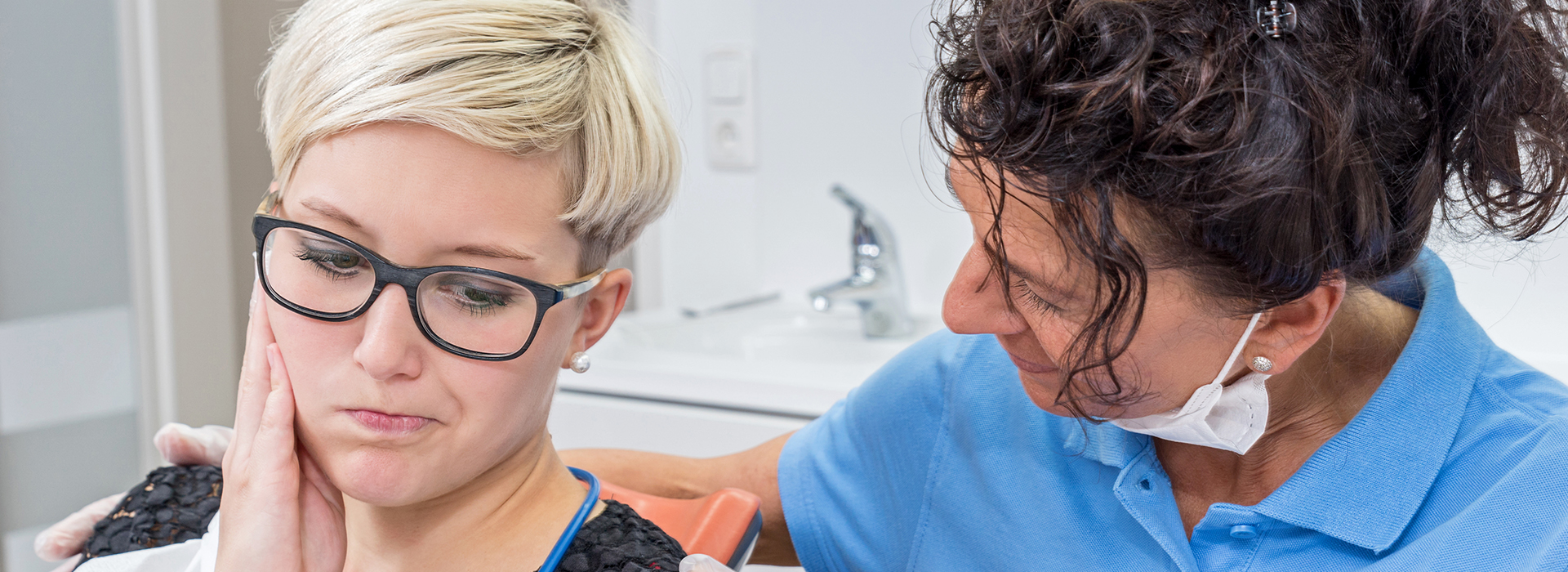 A split image showing a woman receiving dental care in one half and a woman performing the procedure on the other.